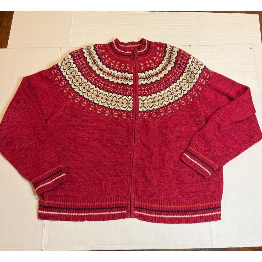 Heirloom Collectible women’s Red Nordic Knit Cardigan Sweater XL Cotton Ramie
